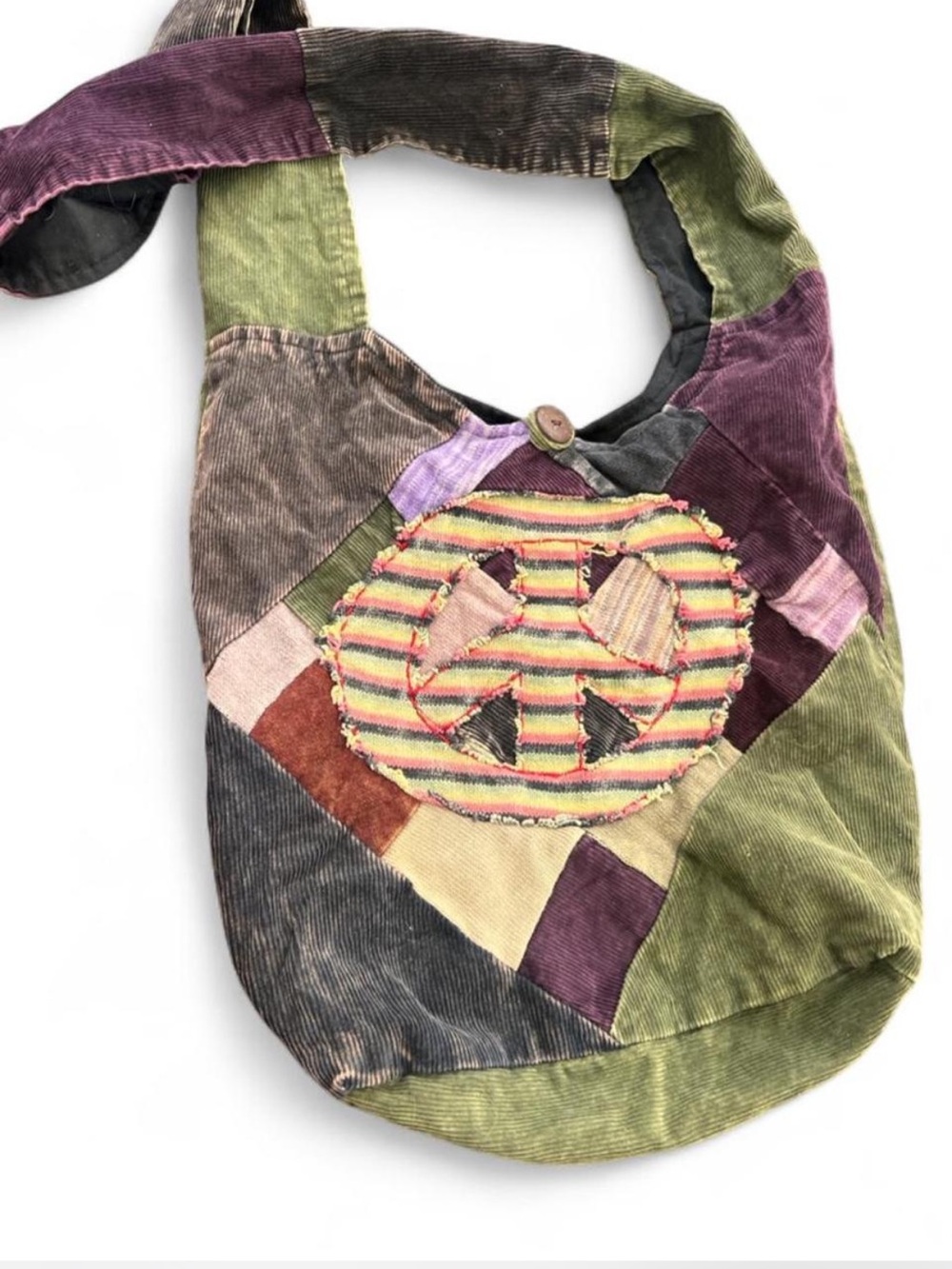 Kathmandu Imports Boho Corduroy Patchwork Peace Sign Slouchy Hobo Crossbody Bag